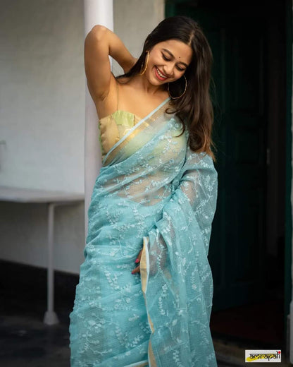 Light Blue Pure Linen Saree