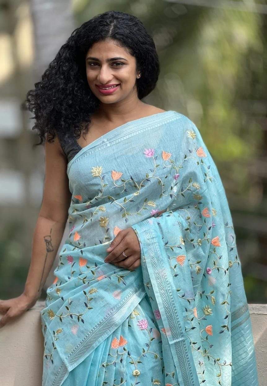 Baby Blue Pure Linen Sarees