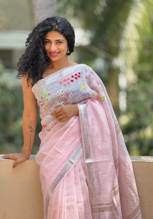 Salmon Pink Pure Linen Saree