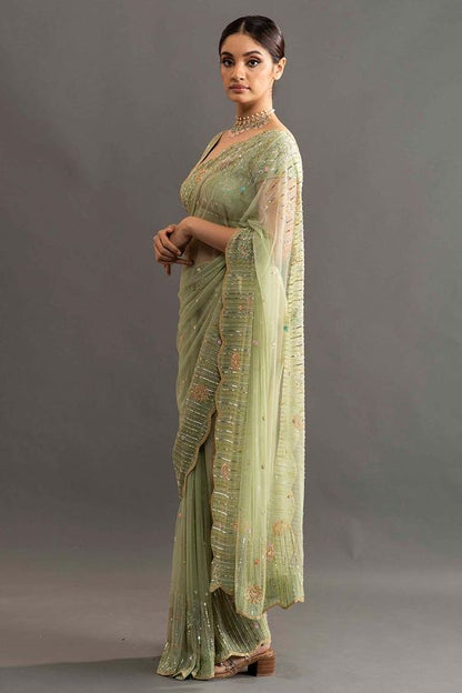 Olive Green Zardozi Designer Party Wear Saree