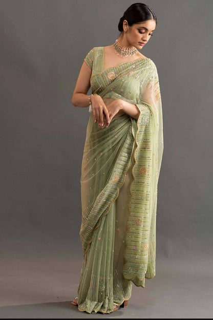 Olive Green Zardozi Designer Party Wear Saree