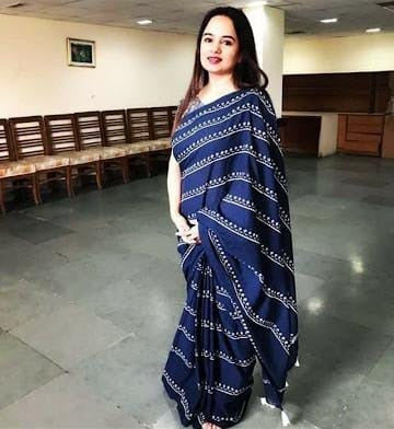 Blue Block Printed Pure Silk Mark Certified Murshidabad Silk Saree  Get Extra 10% Discount on All Prepaid Transaction