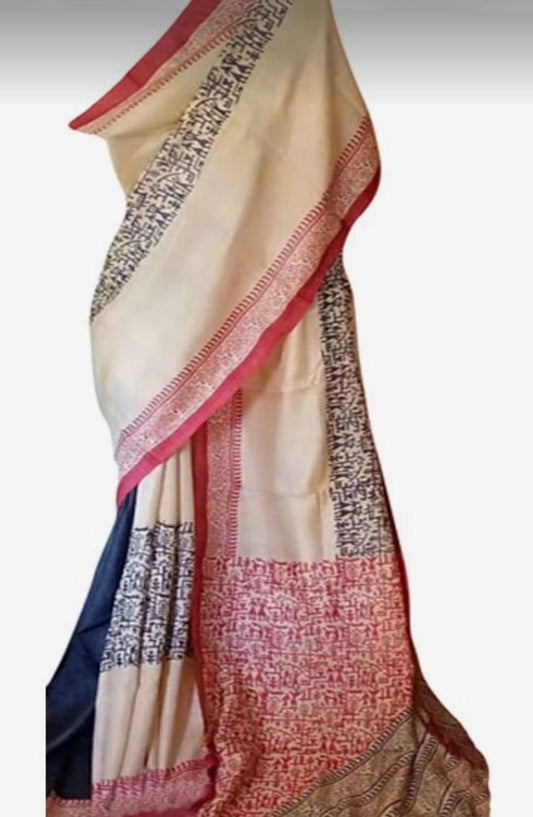 Beige Block Printed  Zari Border Pure Silk Mark Certified Tussar Silk Sarees Get Extra 10% Discount on All Prepaid Transaction