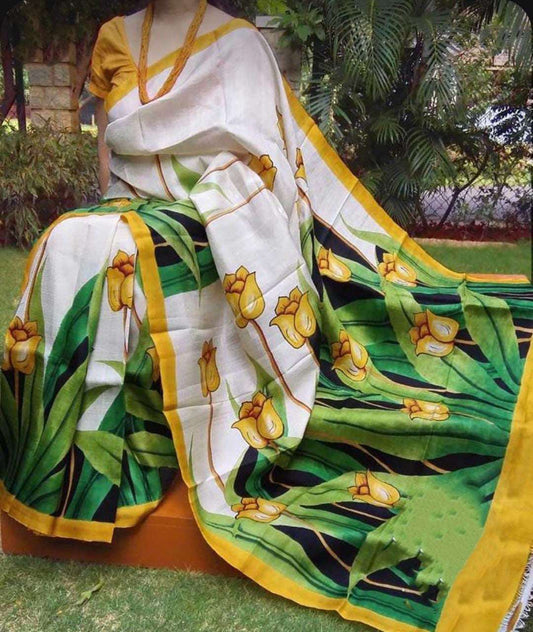 Beige Hand Pinted Plain Pure Silk Mark Certified Bishnupuri Silk Sarees Get Extra 10% Discount on All Prepaid Transaction