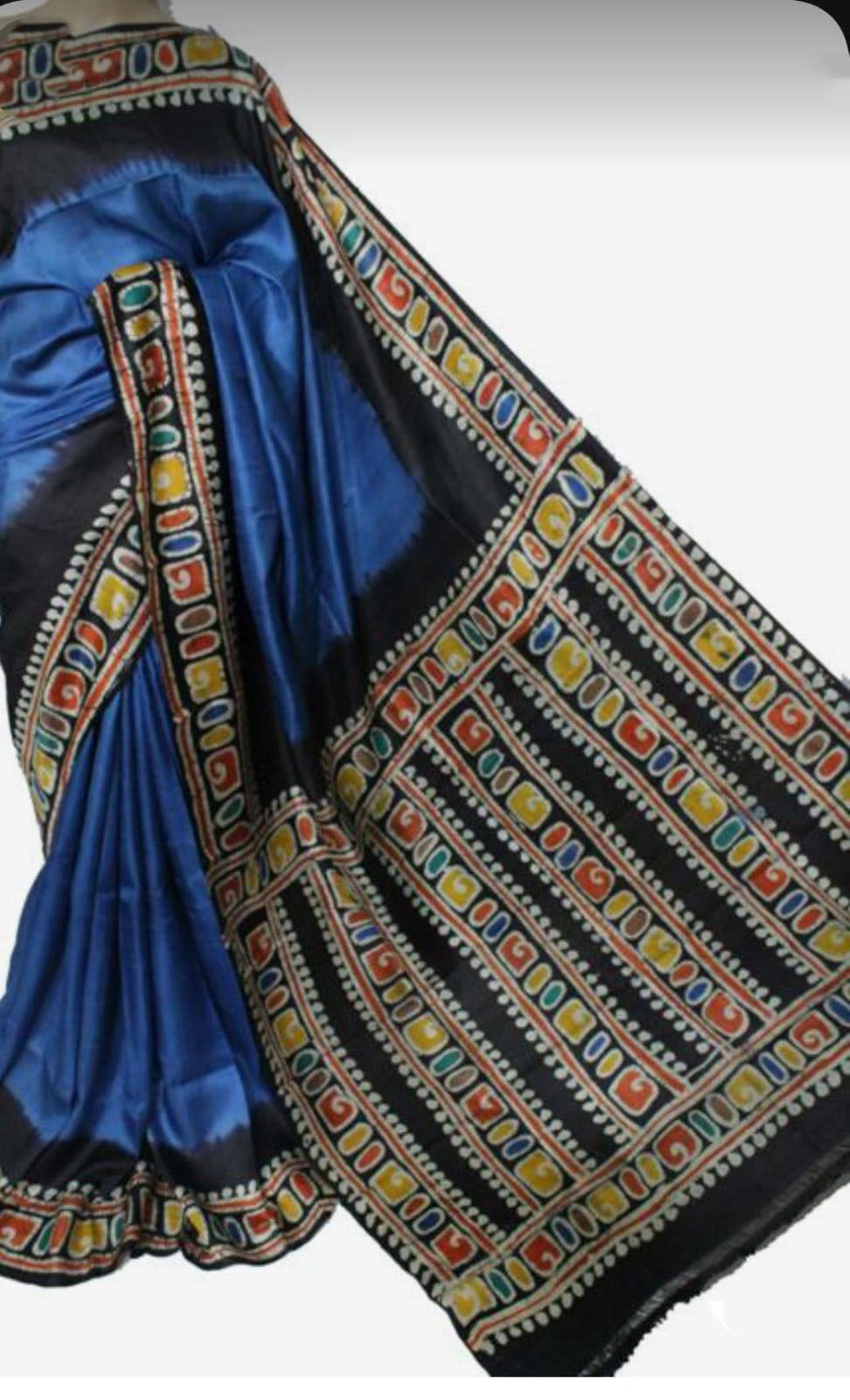 Blue Hand Pinted Hand Painted Wax Batik Pure Silk Mark Certified Murshidabad Silk Saree  Get Extra 10% Discount on All Prepaid Transaction