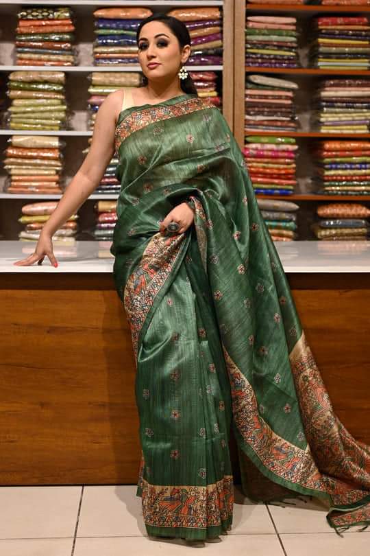 Green Printed Pure Silk Mark Certified Tussar Ghicha Silk Sarees (Copy)