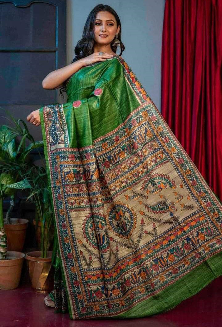 Green Printed Pure Silk Mark Certified Tussar Ghicha Silk Sarees (Copy) (Copy)