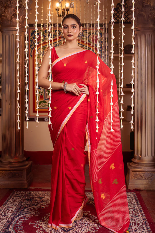 Pure Mulmul Cotton red Jamdani Weaving saree