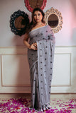 Pure Mulmul Cotton Black Heart Embroidery Saree Without Blouse