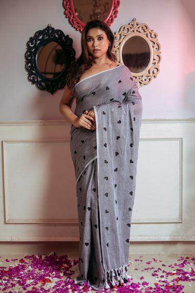 Pure Mulmul Cotton Black Heart Embroidery Saree Without Blouse