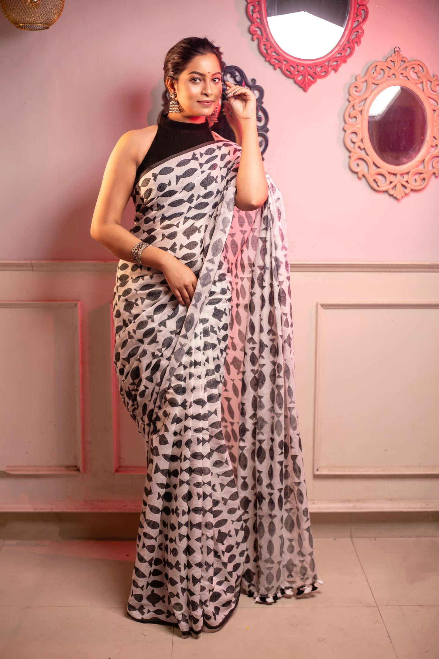 Pure Mul Cotton Black Fish Printed Saree