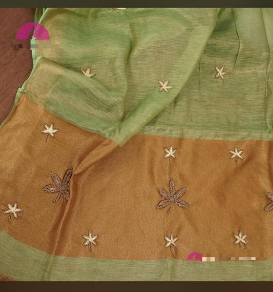 Green Pure Handloom Tissue Linen Fully Embroidered Moti Work saree with Blouse Piece