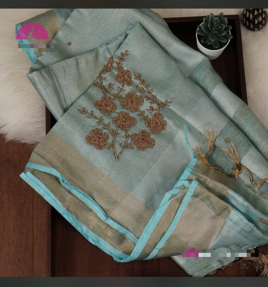 Pure Handloom Tissue Linen Fully Embroidered Moti Work saree with Blouse Piece