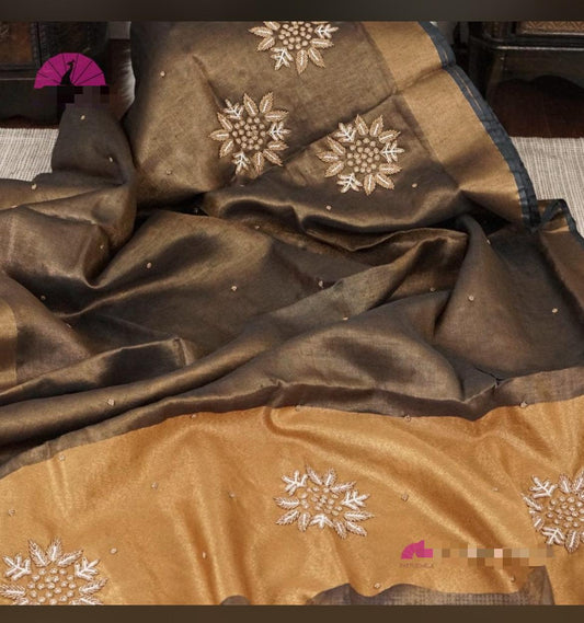 Brown Pure Handloom Tissue Linen Fully Embroidered Moti Work saree with bp