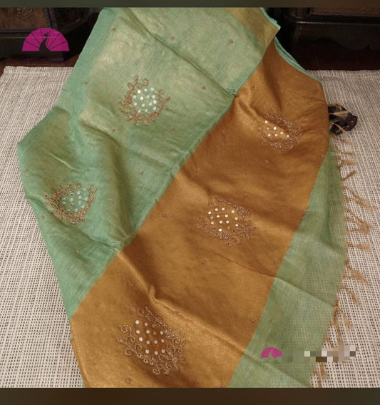 Pure Handloom Tissue Linen Fully Embroidered Moti Work saree with bp