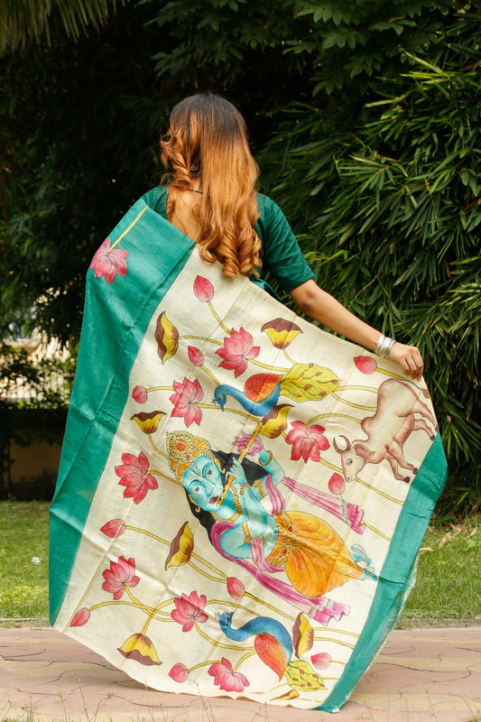 Lord Krishna Hand Painted Plain Pure Silk Mark Certified Tussar Silk Sarees - Dailybuyys