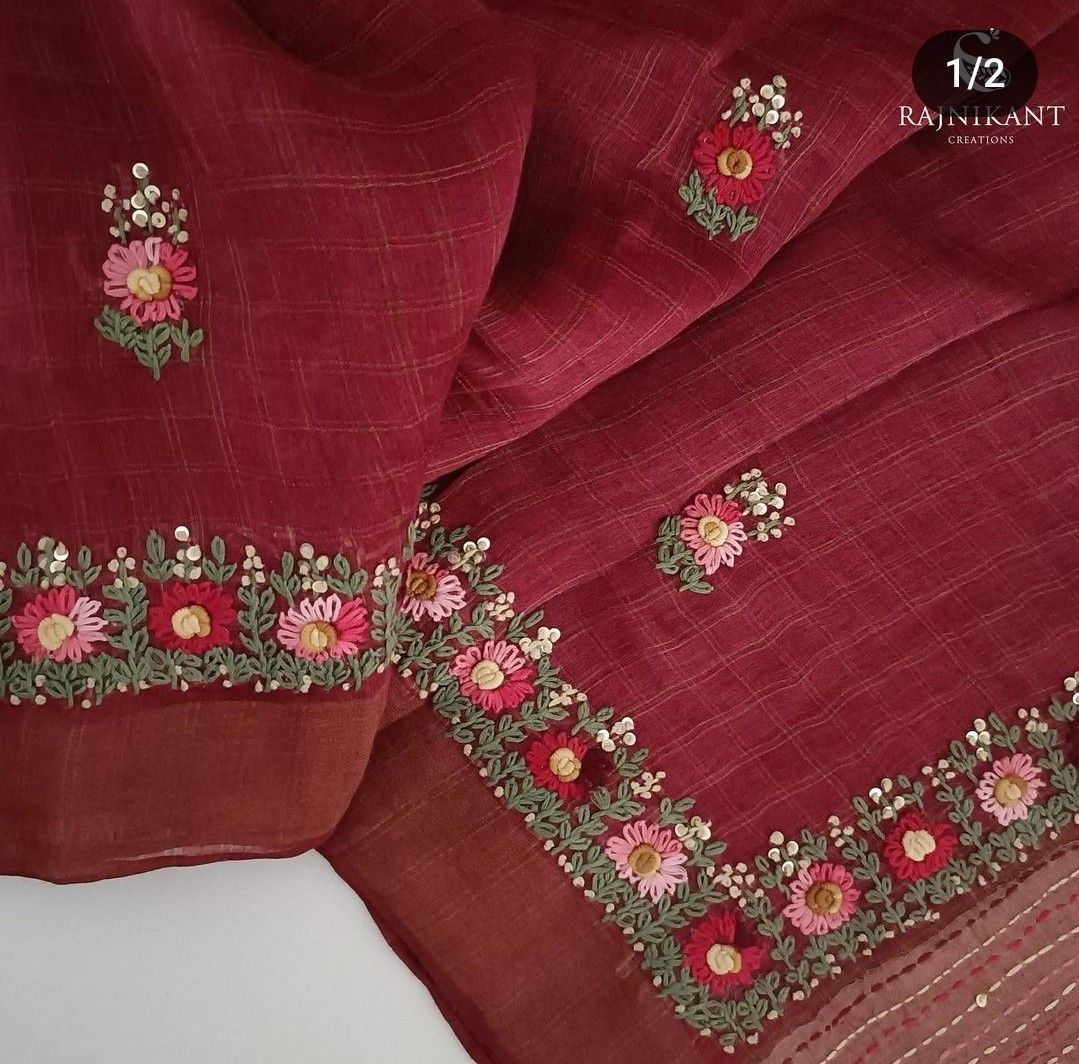 Maroon Hand Embroidered Thread Work Pure Silk Sarees