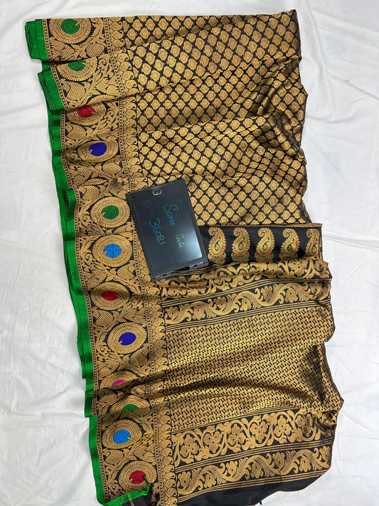 Black Gold Dual Tone Gadwal Pure Silk Handloom Meena Brocade Sarees With All Over Butta