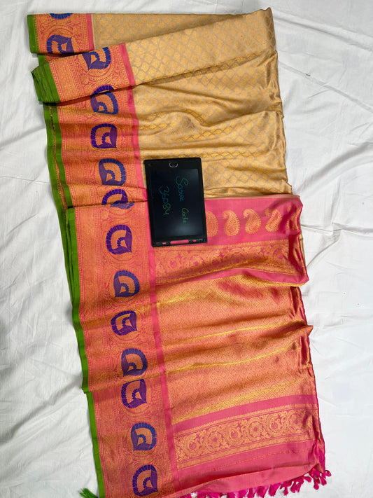 Pink & Cream Gold Dual Tone Gadwal Pure Silk Handloom Meena Brocade Sarees With All Over Butta