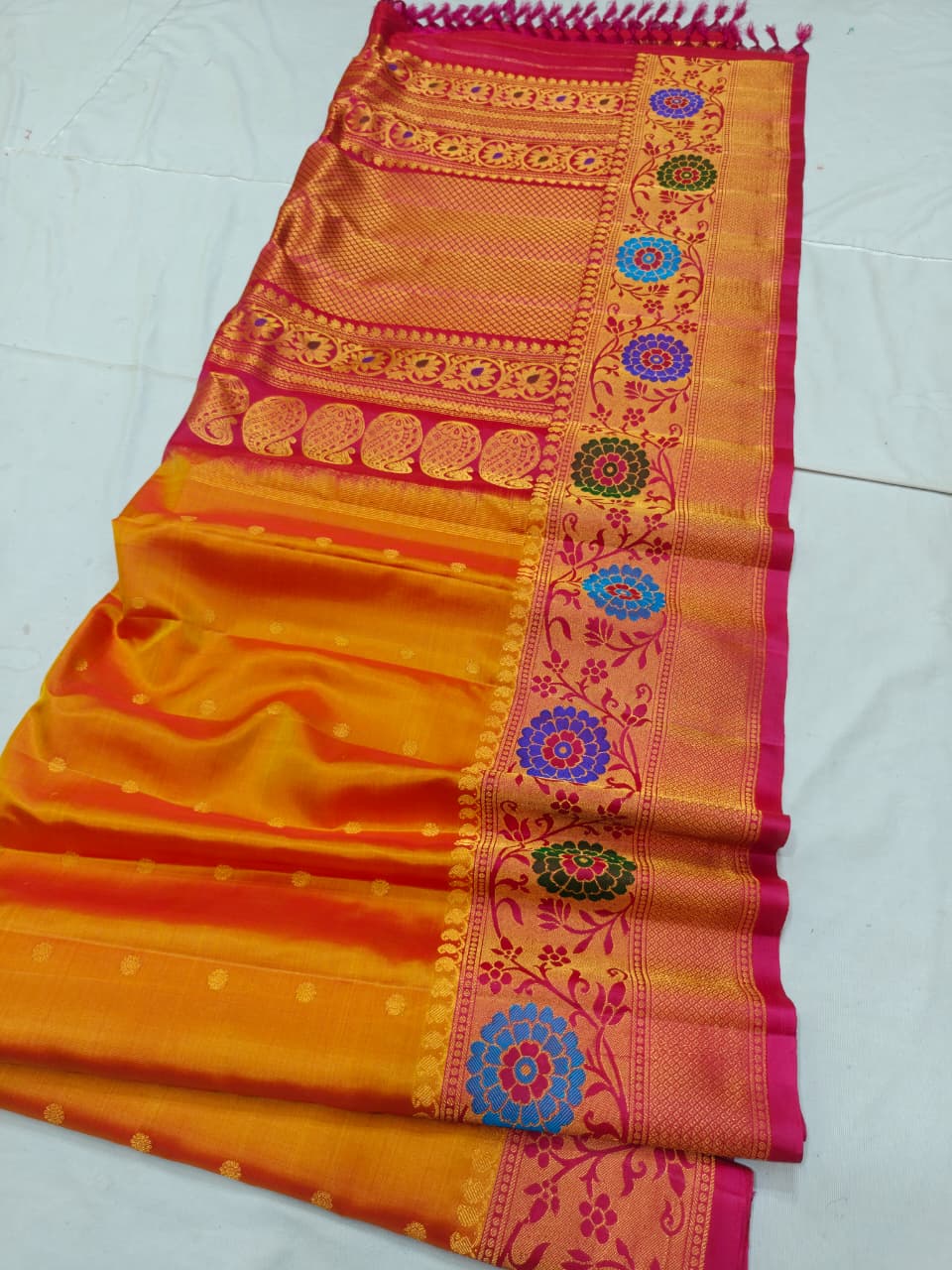 Orange Gadwal Paithani Meena Turning Self Butta Pure Silk Handloom Saree