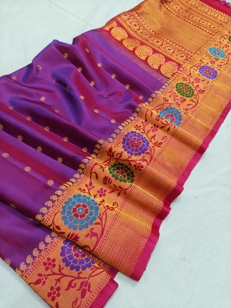 Purple Gadwal Paithani Meena Turning Self Butta Pure Silk Handloom Saree