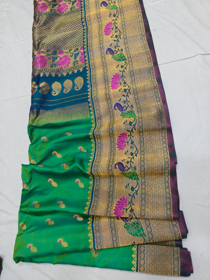 Emerald green Gadwal Paithani Meena Turning Self Butta Pure Silk Handloom Saree