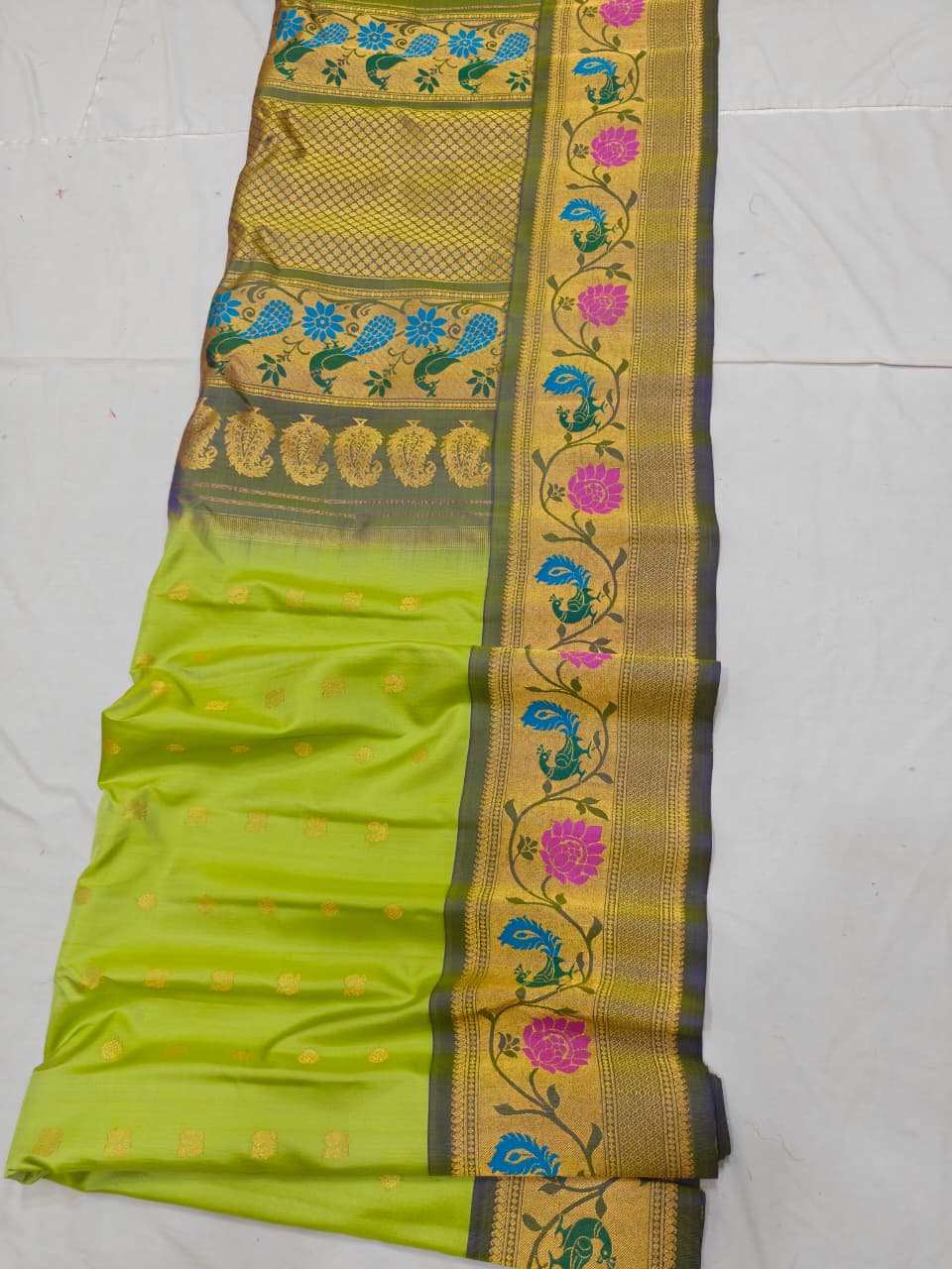 Lime green Gadwal Paithani Meena Turning Self Butta Pure Silk Handloom Saree