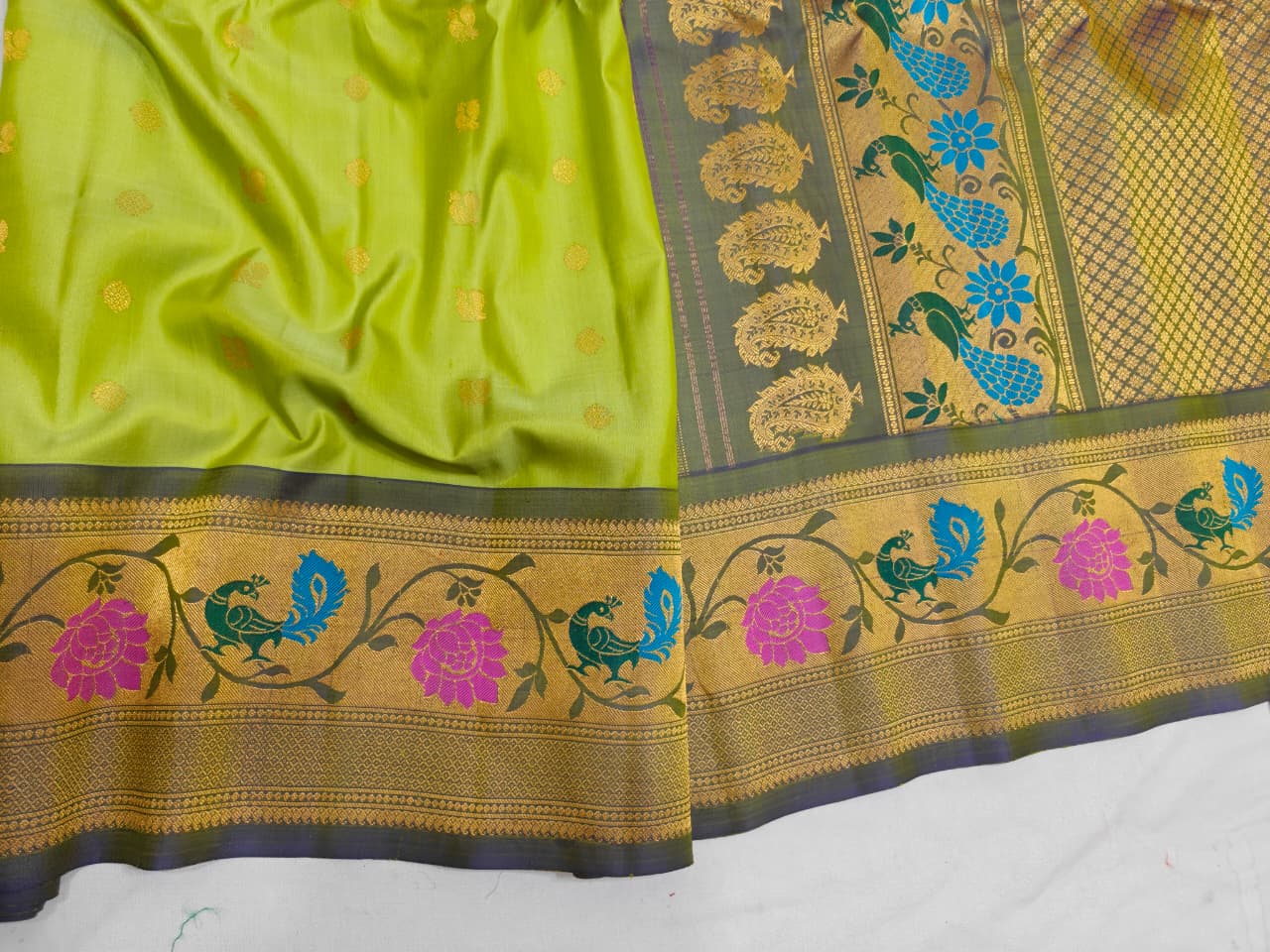 Lime green Gadwal Paithani Meena Turning Self Butta Pure Silk Handloom Saree