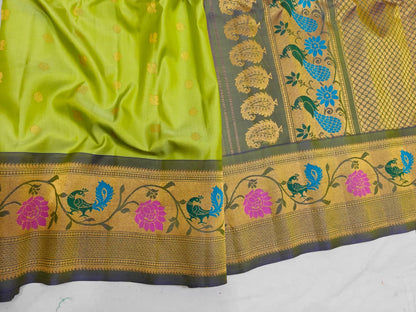 Lime green Gadwal Paithani Meena Turning Self Butta Pure Silk Handloom Saree