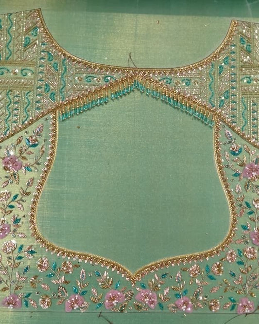 Hand Embroidered Zardozi work With Floral Appliques In Green Silk Blouse