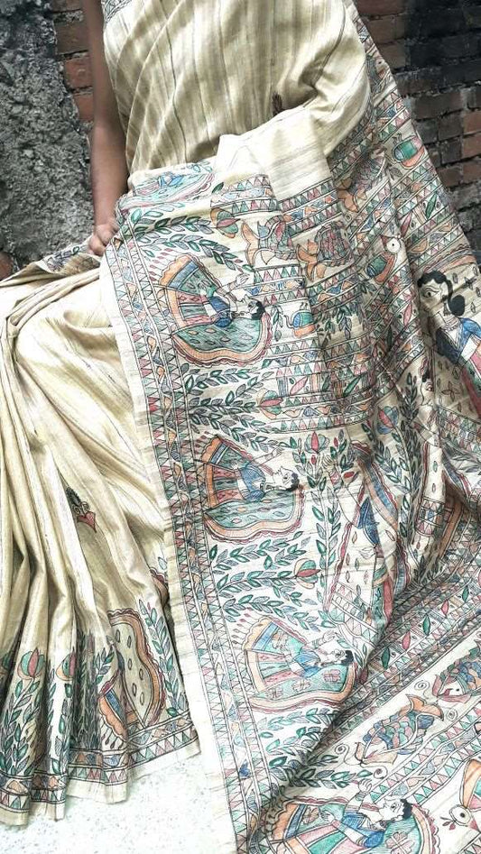 Beige Madhubani Handpaint Pure Silk Mark Certified Tussar Ghicha Silk Sarees