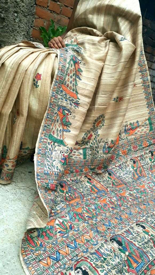 Beige Madhubani Handpaint Pure Silk Mark Certified Tussar Ghicha Silk Sarees