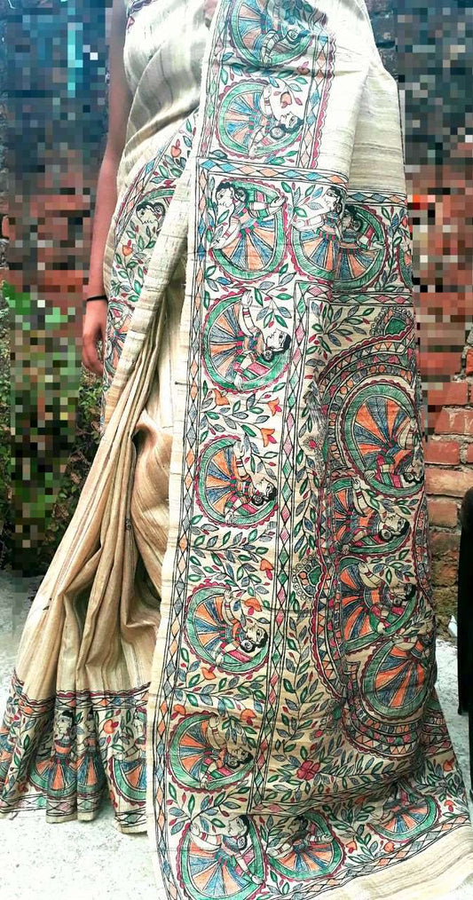 Beige Madhubani Handpaint Pure Silk Mark Certified Tussar Ghicha Silk Sarees