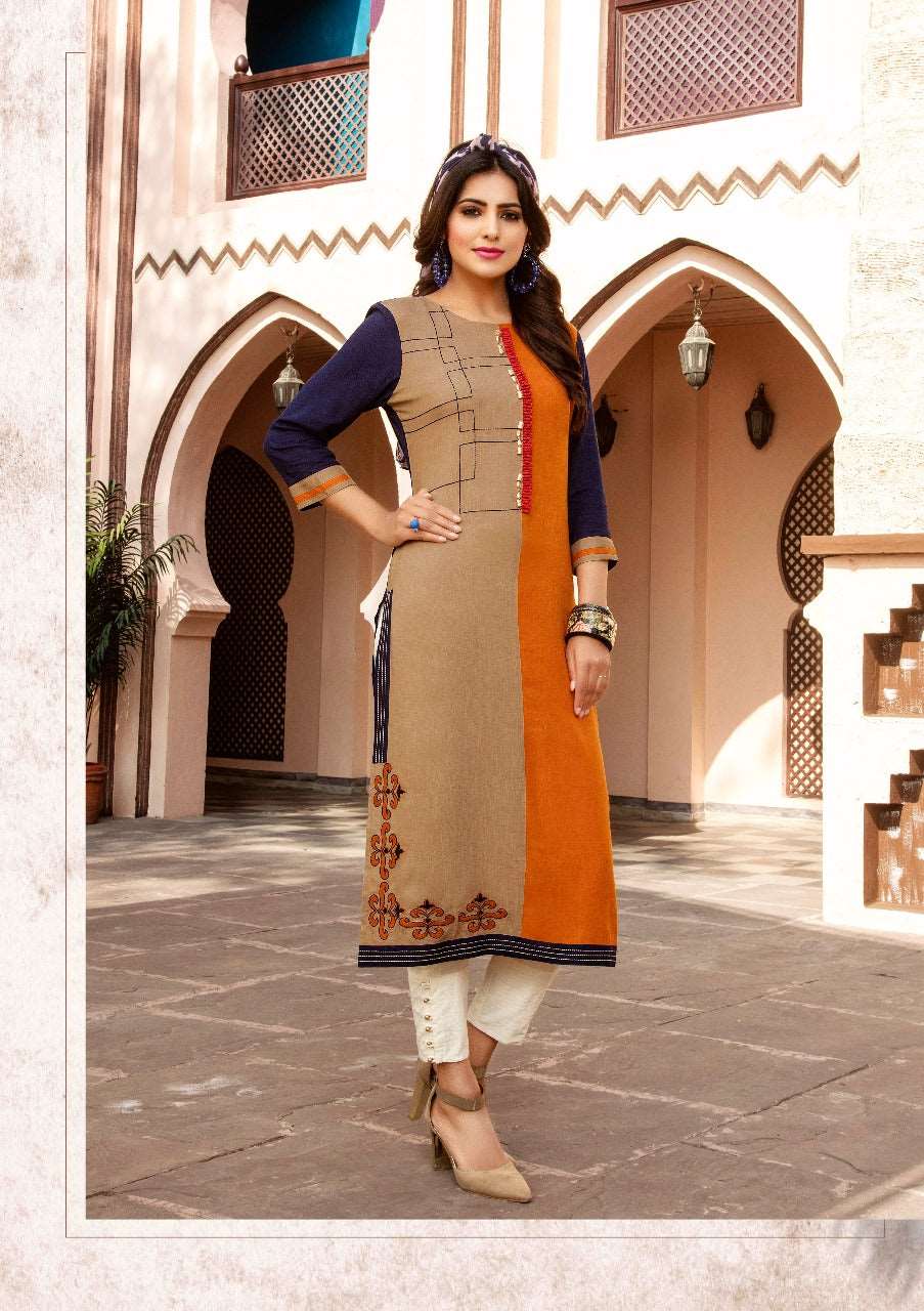 Beige Orange Pure Cotton Silk kurtis