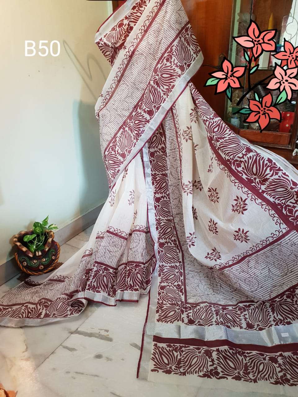 Beige Maroon KK Kerala Pure Cotton Sarees