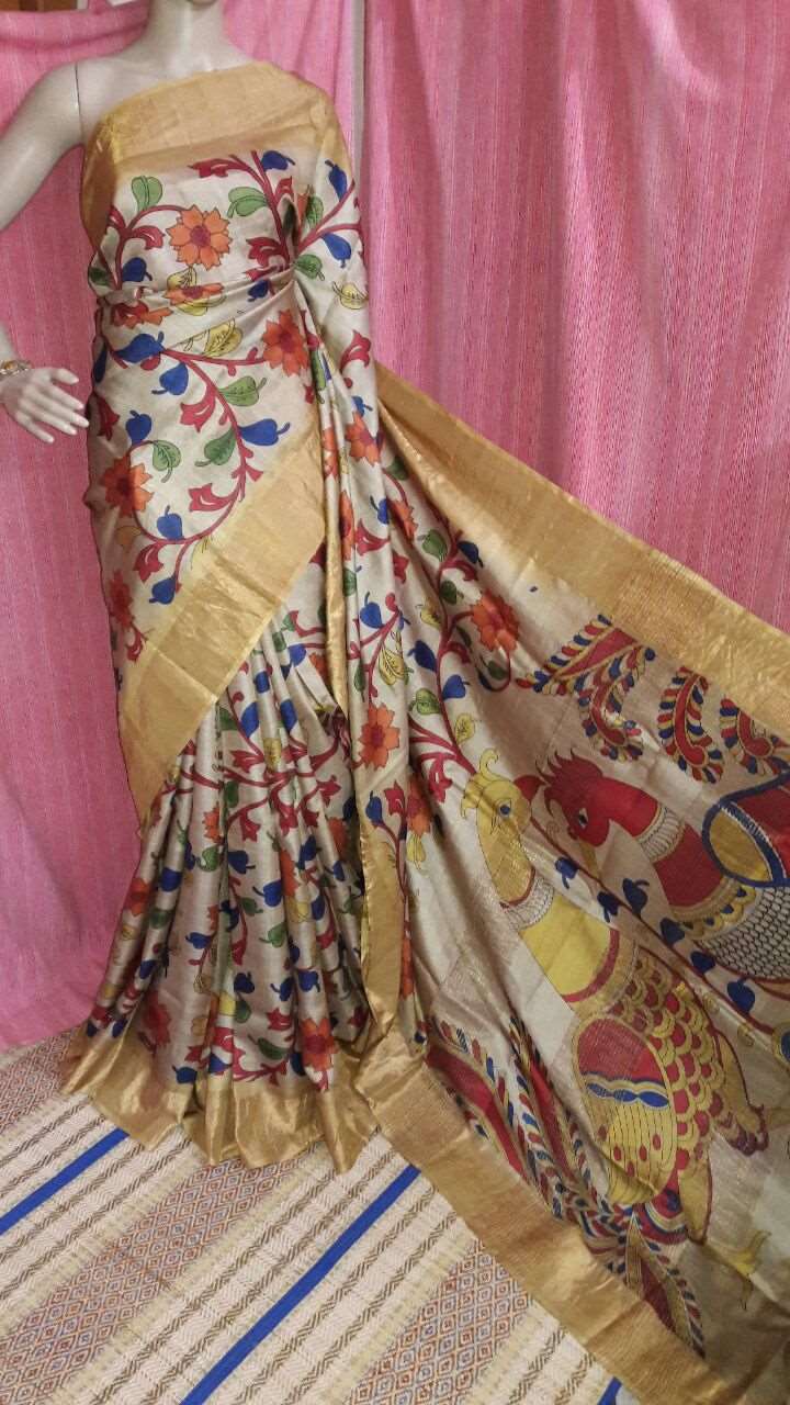 Beige Hand Painted Zari Border Pure Silk Mark Certified Tussar kalamkari Silk Sarees