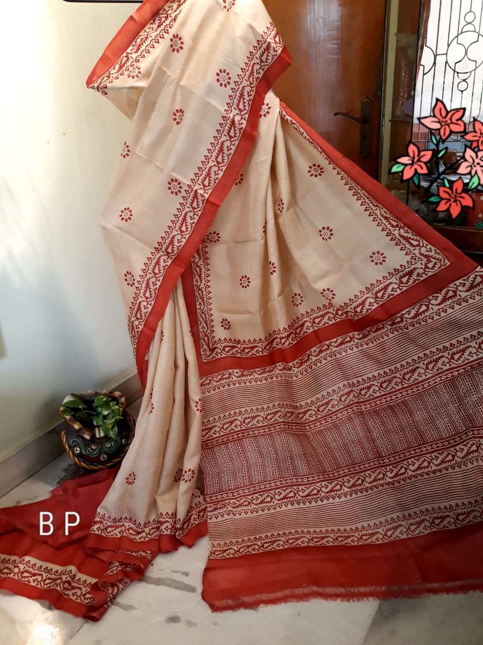 Beige Orange Red Block Printed Pure Silk Mark Certified Tussar Sarees
