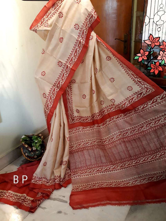 Beige Orange Red Block Printed  Zari Border Pure Silk Mark Certified Tussar Silk Sarees