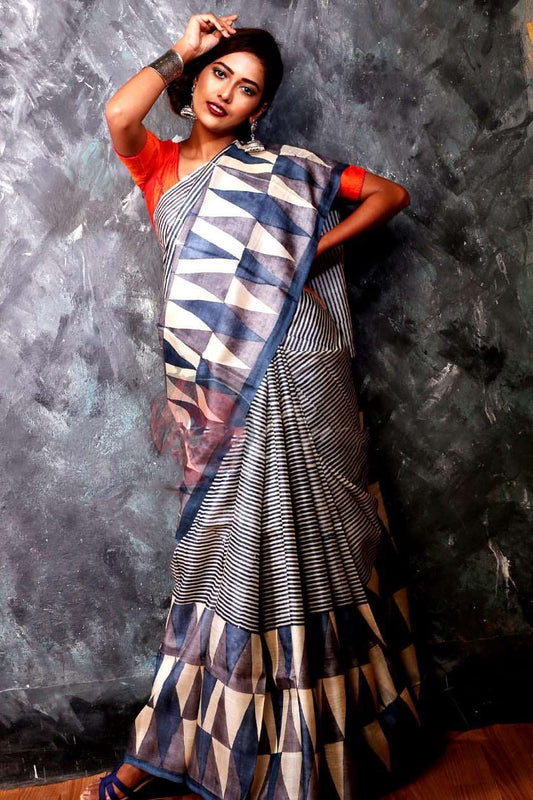 Beige Block Printed Zari Border Pure Silk Mark Certified Tussar Silk Sarees