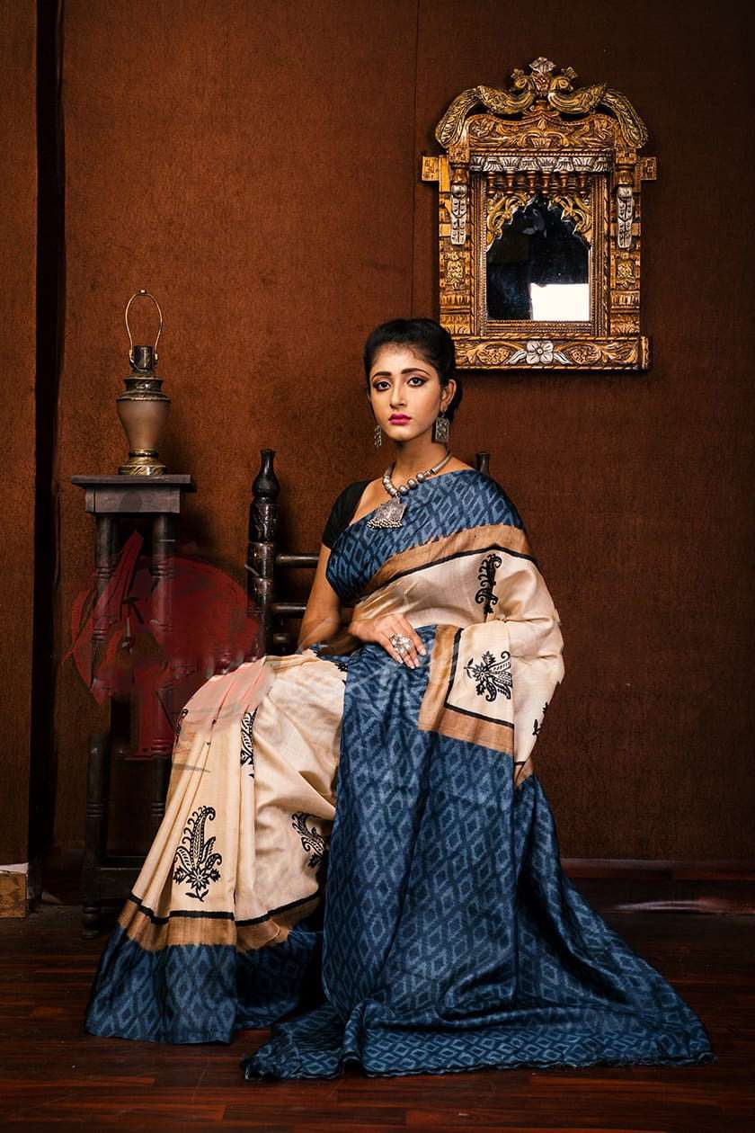 Beige Grey Block Printed Pure Silk Mark Certified Tussar Silk Sarees