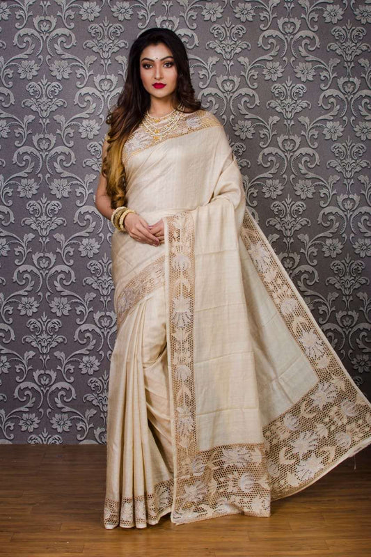 Beige Cut Work Block Printed  Zari Border Pure Silk Mark Certified Tussar Silk Sarees