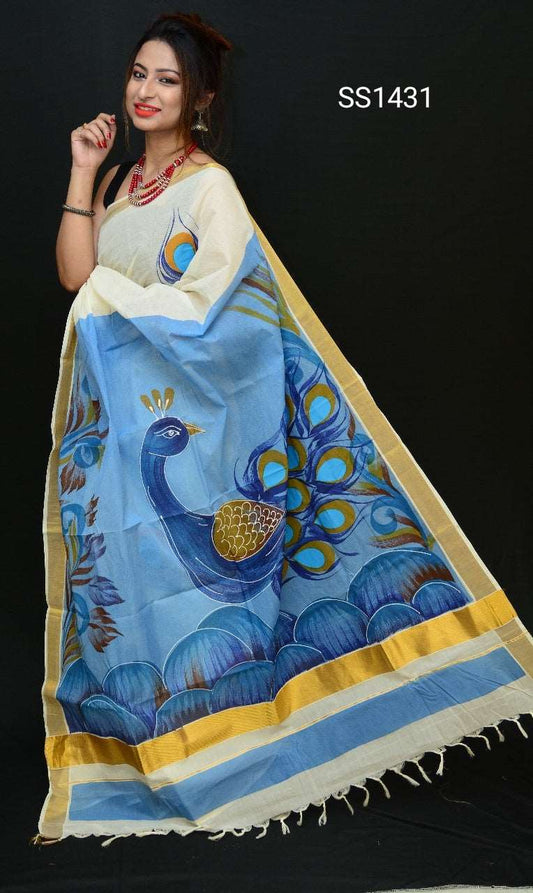 Beige Blue Kerala Pure Cotton Sarees