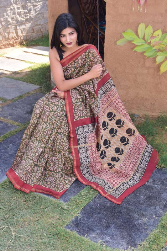 Beige Chanderi Silk Sarees