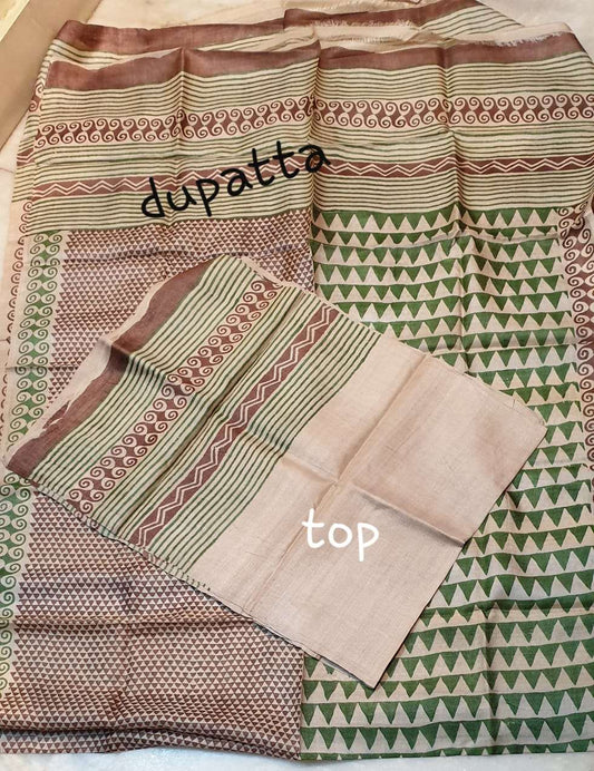 Beige Block Printed Design Pure Silk Top & Dupatta