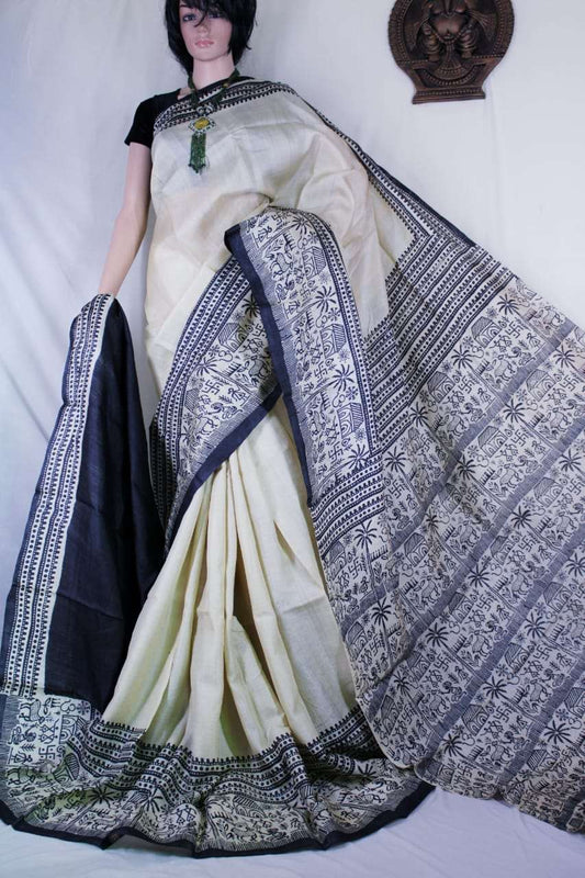 Beige Block Printed Pure Silk Mark Certified Bishnupuri Silk Sarees