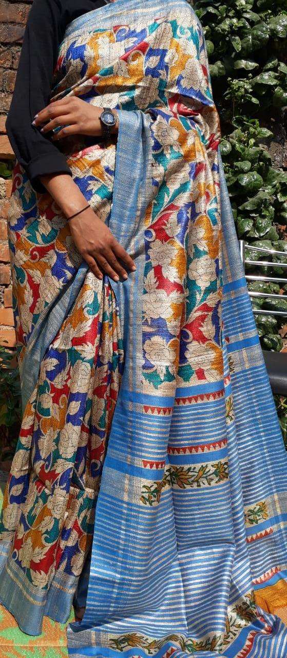 Beige Madhubani Handpaint Pure Silk Mark Certified Tussar Ghicha Silk Sarees