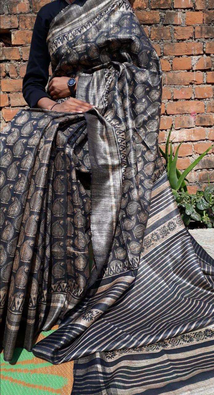 Beige Madhubani Handpaint Pure Silk Mark Certified Tussar Ghicha Silk Sarees