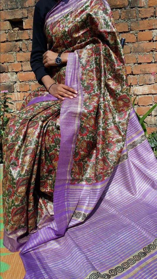 Beige Madhubani Handpaint Pure Silk Mark Certified Tussar Ghicha Silk Sarees