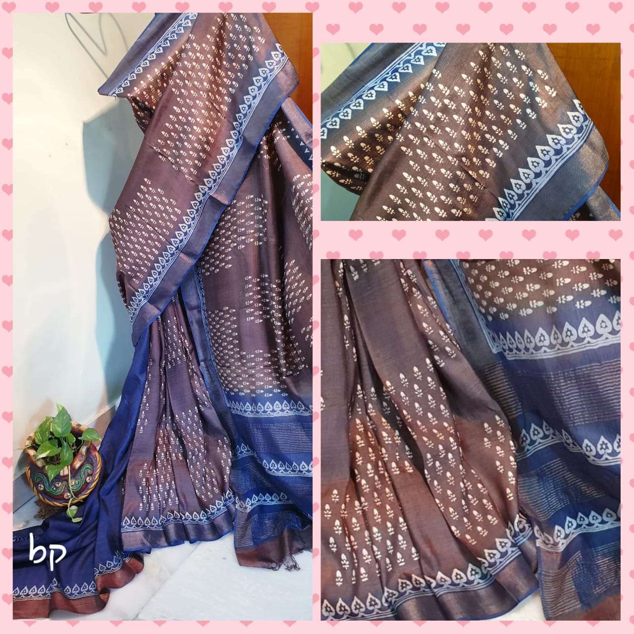 Beige Blue Block Printed  Zari Border Pure Silk Mark Certified Tussar Silk Sarees