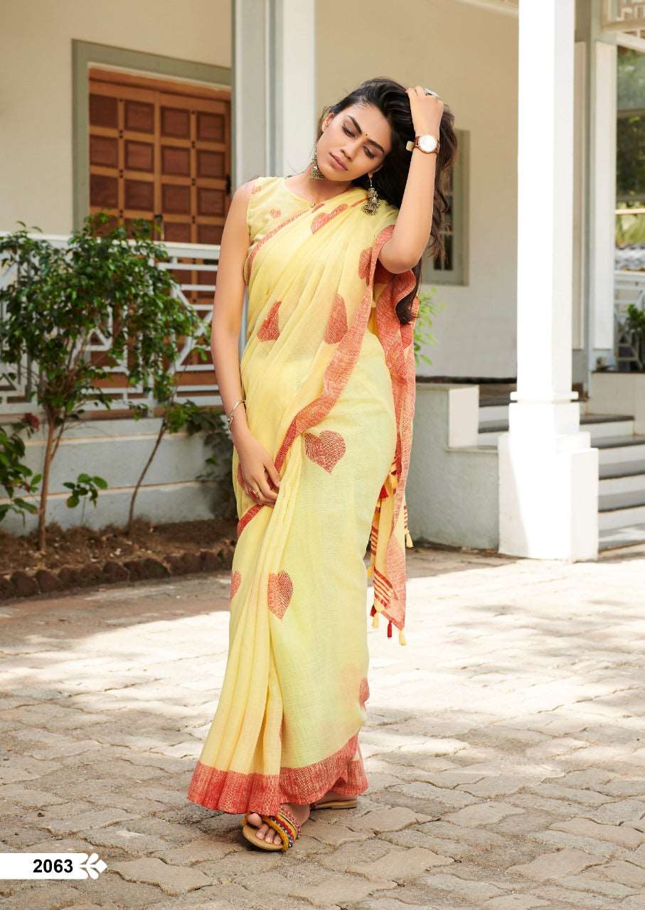 Beige & Yellow Pure Linen Sarees